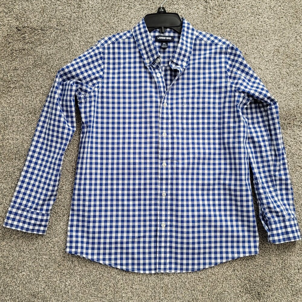 Boys Lands End Blue & White Checked Button Down Shirt XL- 14/16